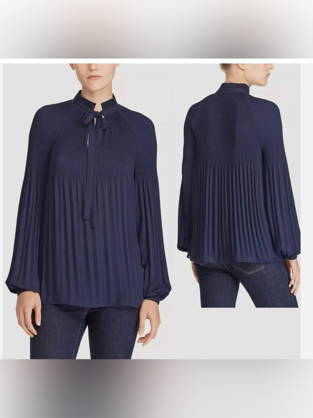 LAUREN RALPH LAUREN Dark Navy Blue Georgette Pleated Tie-Neck Blouse Womens Sz M
